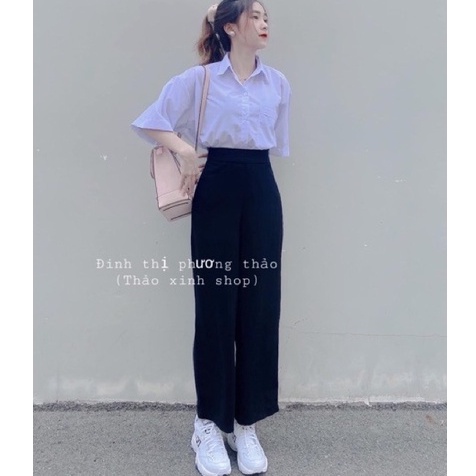 Quần tây ống rộng nữ khóa sườn lưng cao đi học màu đen dáng xuông đứng dài - Quần vải nữ cạp cao công sở vải mềm xuông