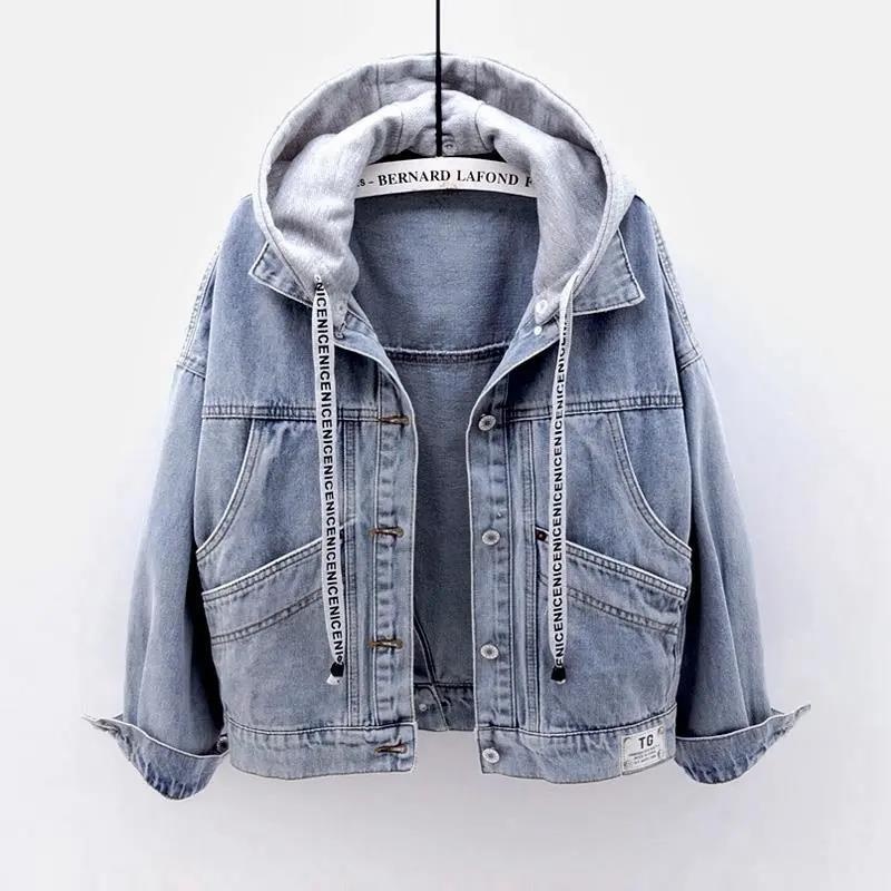Áo khoác denim có nón trùm và túi phong cách Hàn Quốc cho nữ