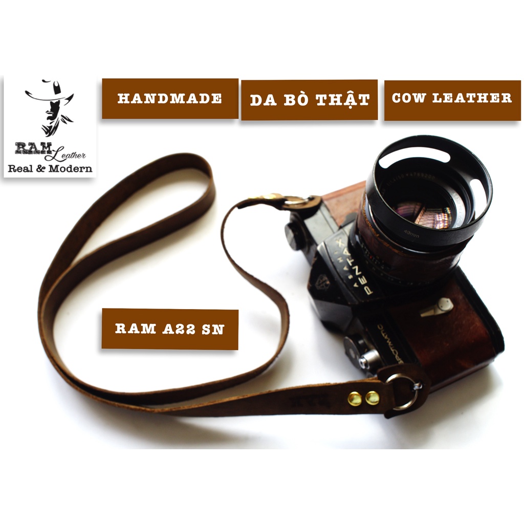 Dây máy ảnh vintage RAM Leather A22 da bò thật sáp nâu