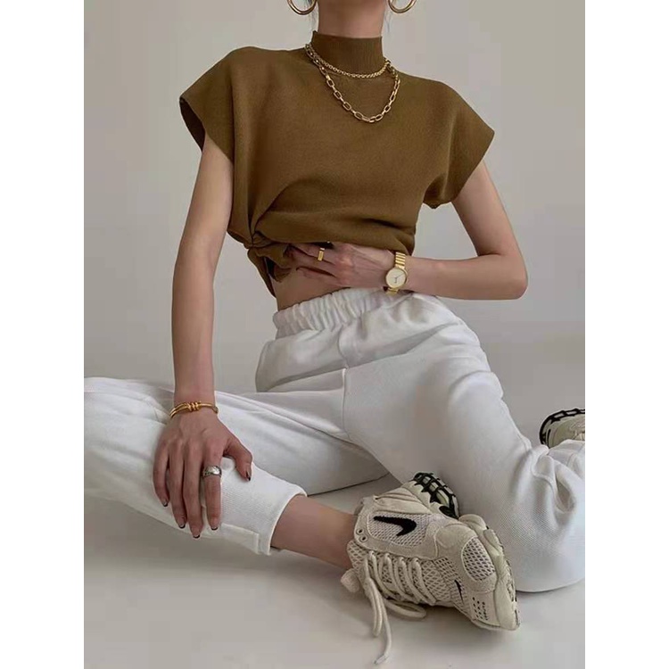 Áo thun nữ dệt kim dáng rộng cổ cao màu sắc đơn giản phong cách Hàn Quốc