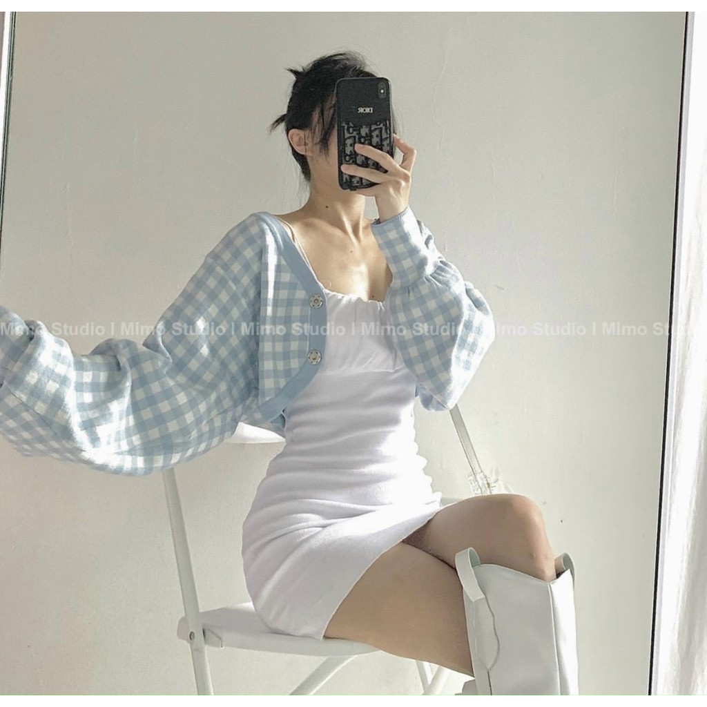 Set đầm 2 dây ôm body trắng áo khoác cardigan kẻ caro xanh dương S62 | BigBuy360 - bigbuy360.vn