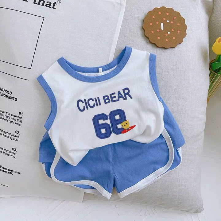 Bộ Áo Thun Sát Nách In Hoạt Hình + Quần Short Thời Trang Mùa Hè Hàn Quốc Cho Bé Trai