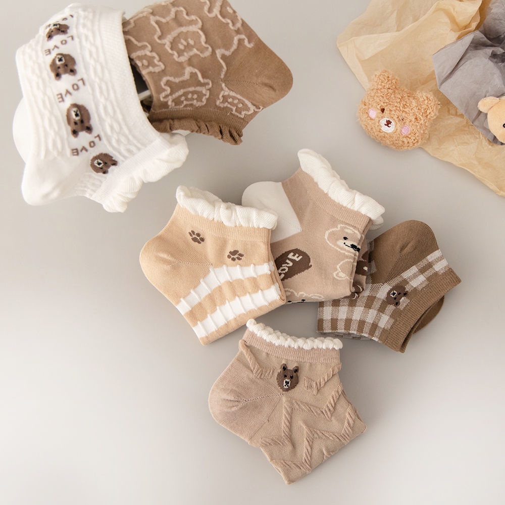 Tất Vớ Nữ Cổ Ngắn Gấu, Vớ Nữ Màu Nâu Nhún Bèo Cotton Dễ Thương - Subo Shop