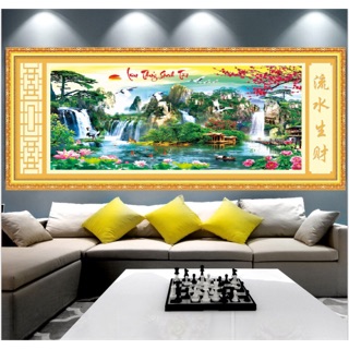 Tranh thêu chữ thập phong cảnh lưu thuỷ sinh tài khổ lớn mn0044 tặng 3 kim siêu tốc và bấm chỉ
