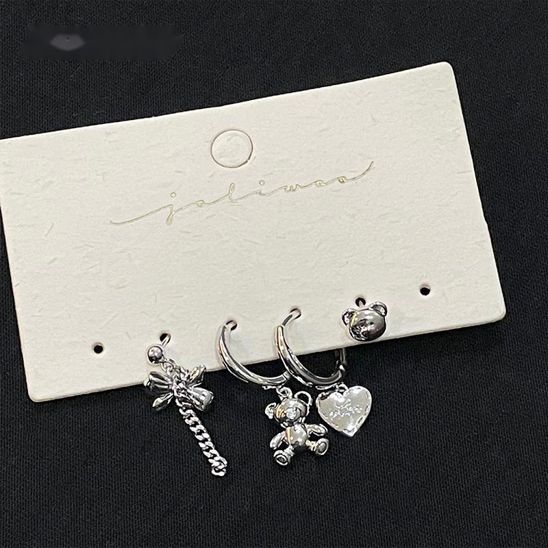 Bông Tai Bốn Mảnh Đính Nơ Hình Gấu Trái Tim Cá Tính Hợp Thời Trang