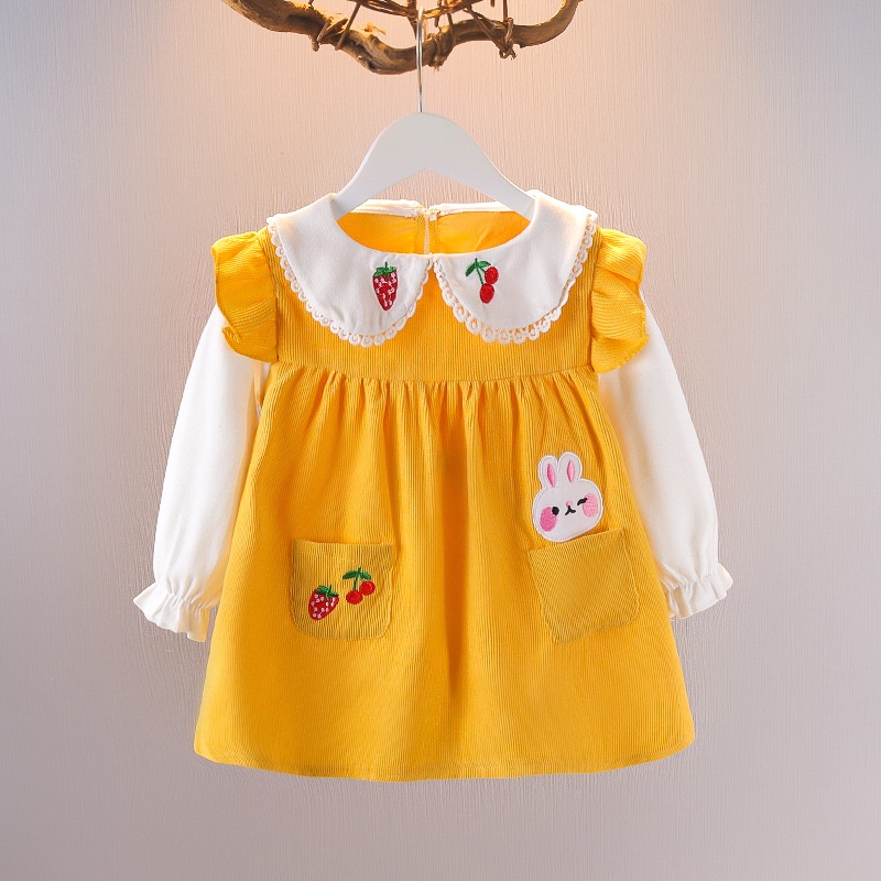 Váy đầm bé gái cổ bèo thêu trái dâu và thỏ đáng yêu