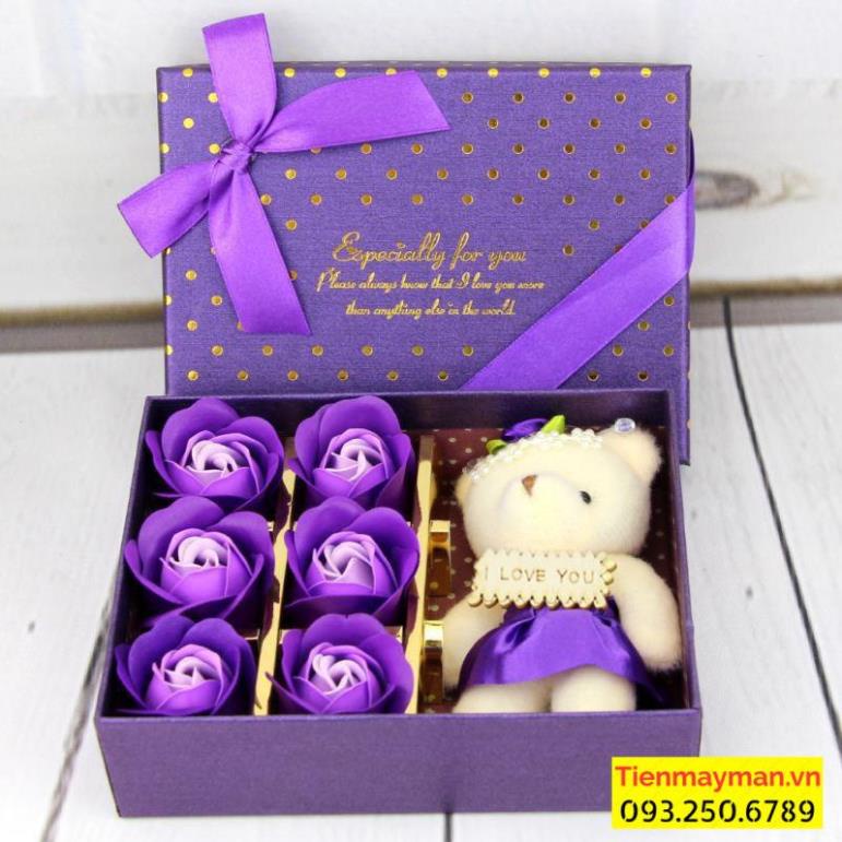 Hộp Hoa Hồng 6 Bông Kèm Gấu, tặng kèm thiệp chúc mừng - TÍM LÃNG MẠNG
