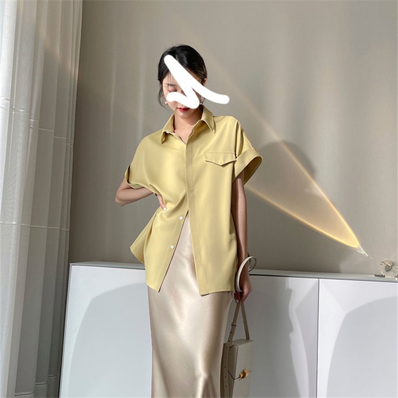 Áo Sơ Mi Chiffon Tay Ngắn Màu Trơn Dáng Rộng Phong Cách Hàn Quốc Thời Trang Mùa Hè Cho Nữ