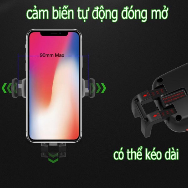 Giá đỡ điện thoại kiêm sạc không dây gắn cửa gió ô tô chính hãng. Chuẩn sạc không dây QI