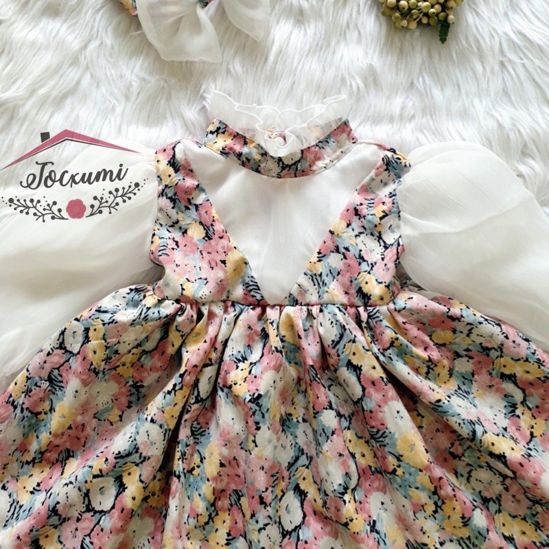 Đầm hoa 2 lớp phối lụa tay dài - Tocxumi