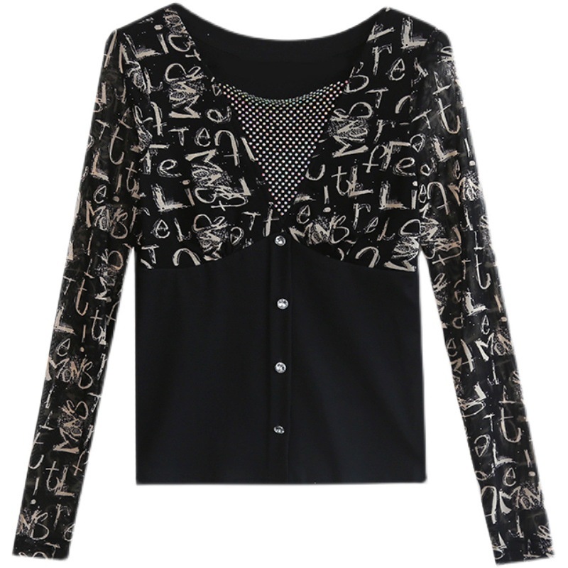 Áo lưới dài tay Áo thun dài tay nữ Phối Lưới In Họa Tiết Kim Cương Kiểu Mới
