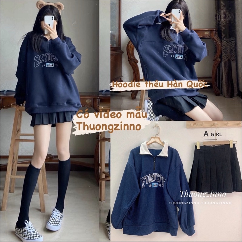 Áo Hoodie thêu chữ tay bồng xanh dương áo thun dài tay phong cách Hàn Quốc
