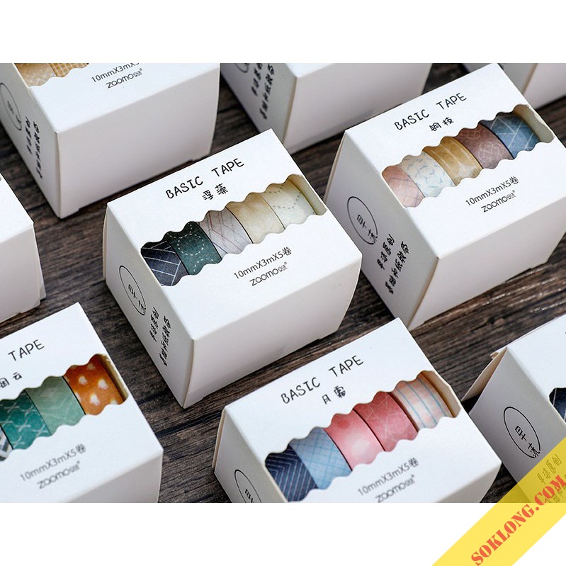 Set 5 Washi tape băng dính nhiều màu trang trí đa năng [SOKLONG], sổ bullet journal