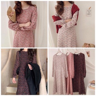 Đầm hoa nhí cổ tròn dáng dài Vintage