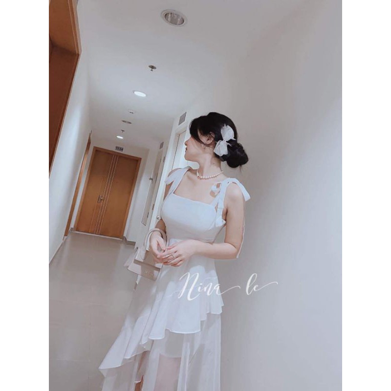 Váy trắng dự tiệc 2s thắt nơ vạt chéo phối voan sheer sang chảnh nina lê