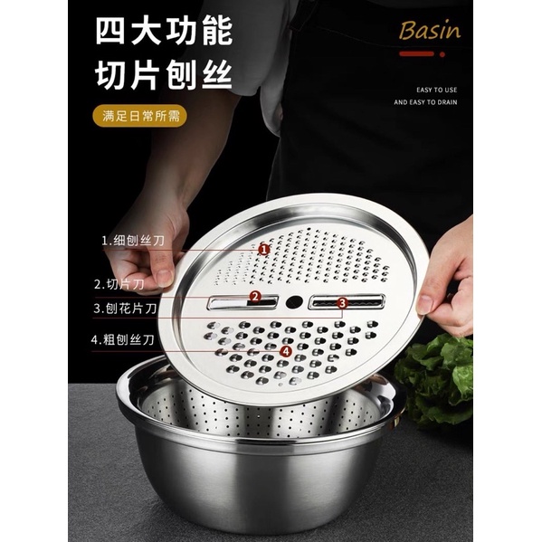 Bộ Bào Nạo Rau Củ Kiêm Rổ Và Chậu Inox Cao Cấp Đa Năng 3 Chi Tiết