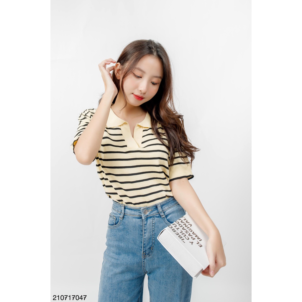 Áo len dệt kim nữ FM Style cổ tròn tay ngắn Hàn Quốc kẻ sọc ngang có cổ phong cách Ulzzang 210717045 | BigBuy360 - bigbuy360.vn