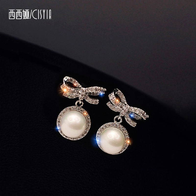 Bông Tai Mạ Bạc 925 Hình Nơ Đính Ngọc Trai Lớn Phong Cách Hàn Quốc