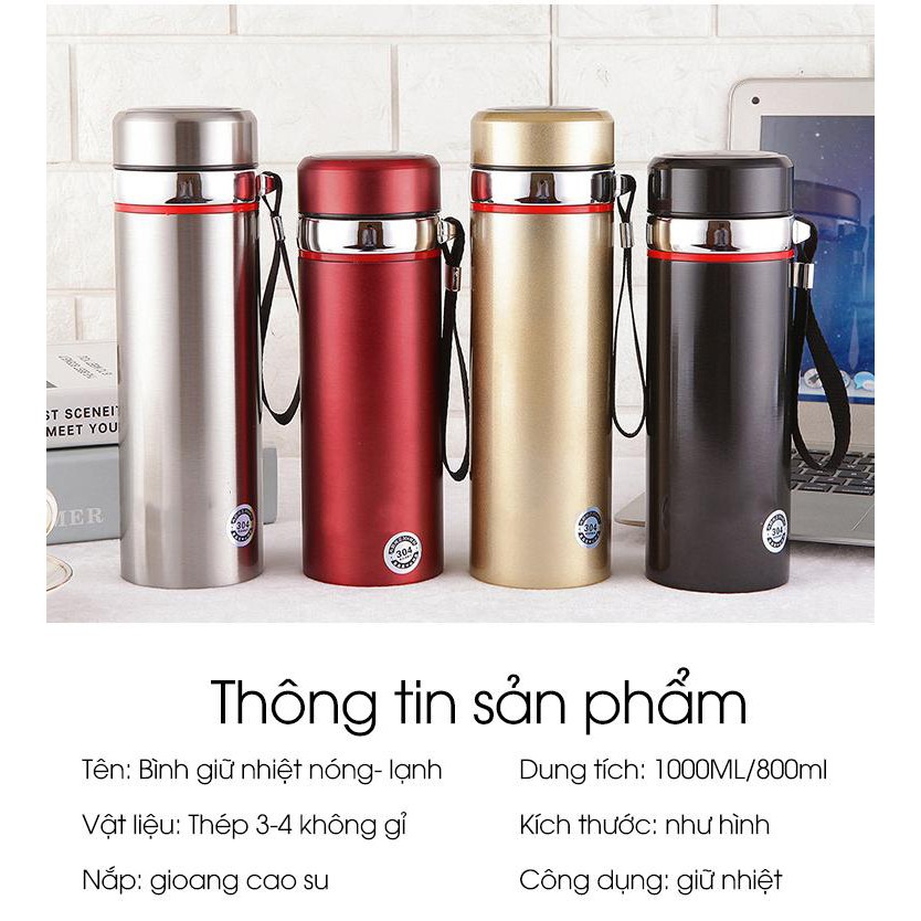 Bình Giữ Nhiệt Inox 304 Đựng Nước Nóng Lạnh 800ml/1000ml Sang Trọng Tiện Lợi