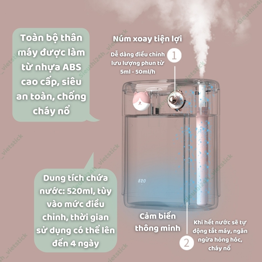 Máy Phun Sương Tạo Độ Ẩm Làm Mát [ SIÊU CUTE ] Đa chức năng dung tích 520ml Xông Tinh Dầu, Siêu Tiện Lợi