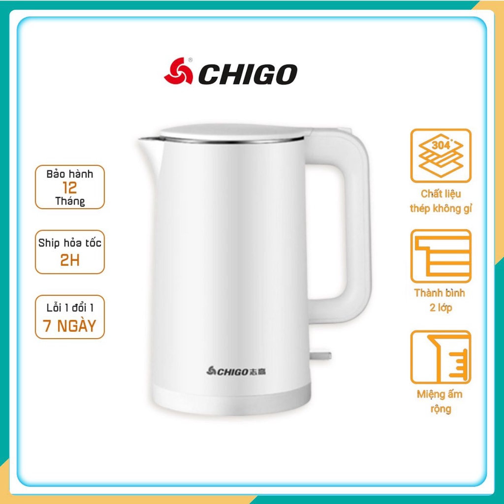 Ấm Siêu Tốc Cao Cấp Bình đun nước CHIGO cách nhiệt 2 lớp inox 304 kháng khuẩn công suất 1500w t03