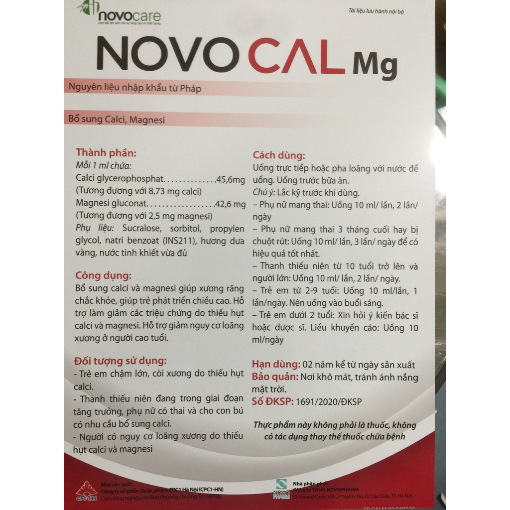 TPBS Canxi giúp xương chắc khỏe NOVOCAL  10ml Hộp 20 ống