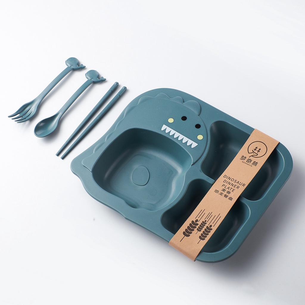 Bộ Dụng Cụ Ăn Uống Gồm Tô + Đũa + Muỗng + Nĩa Họa Tiết Khủng Long Hoạt Hình Chống Rơi Cho Bé
