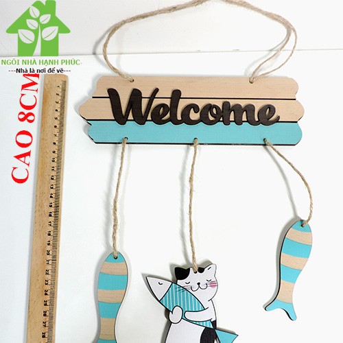 Bảng gỗ decor trang trí SHOP  Mẫu BM_035 WELCOME MÈO ÔM CÁ