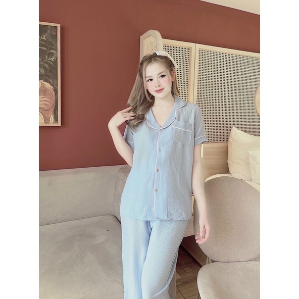 Bộ pijama mặc nhà nữ chất đũi xốp trơn áo cộc quần dài, Đồ ngủ nữ xinh kiểu dáng đơn giản thoải mái