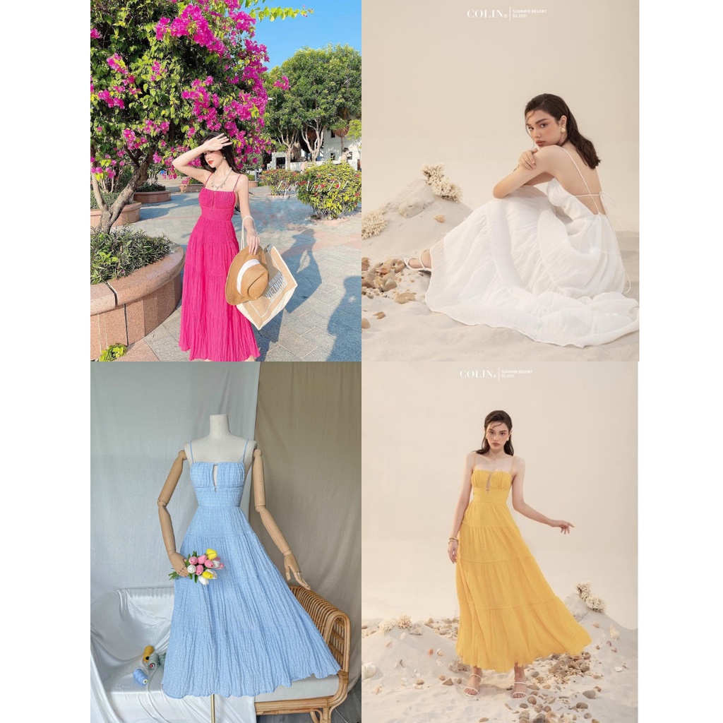 Đầm maxi ,  Đầm 2 dây , Váy hở lưng Cao Cấp váy đi biển thiết kế đỏ vàng trắng xanh xốp nhún 2 lớp dáng xòe - MiNhi