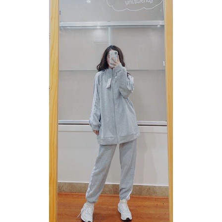 Bộ thể thao nữ 🌸 set quần áo nữ gồm áo khoác và quần dài thu đông chạy viền 3 sọc dành cho nữ màu xám ulzzang