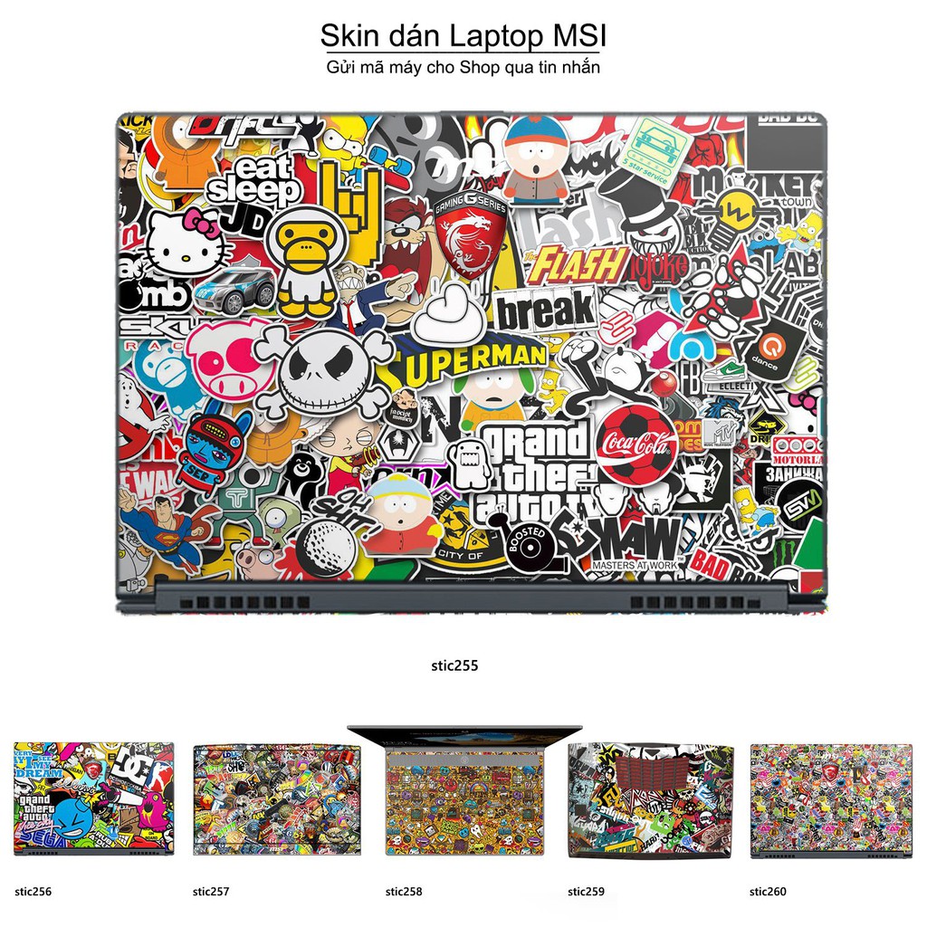 Skin dán Laptop MSI in hình sticker bomb (inbox mã máy cho Shop)