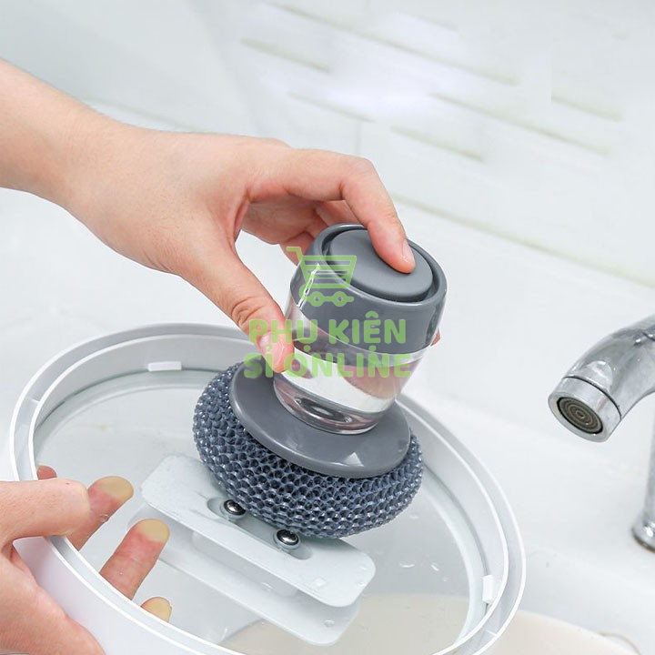 Cọ chà rửa xoong nồi/ chén bát/các vật dụng có cán tay cầm  NGẮN và bình chứa xà phòng tiện dụng