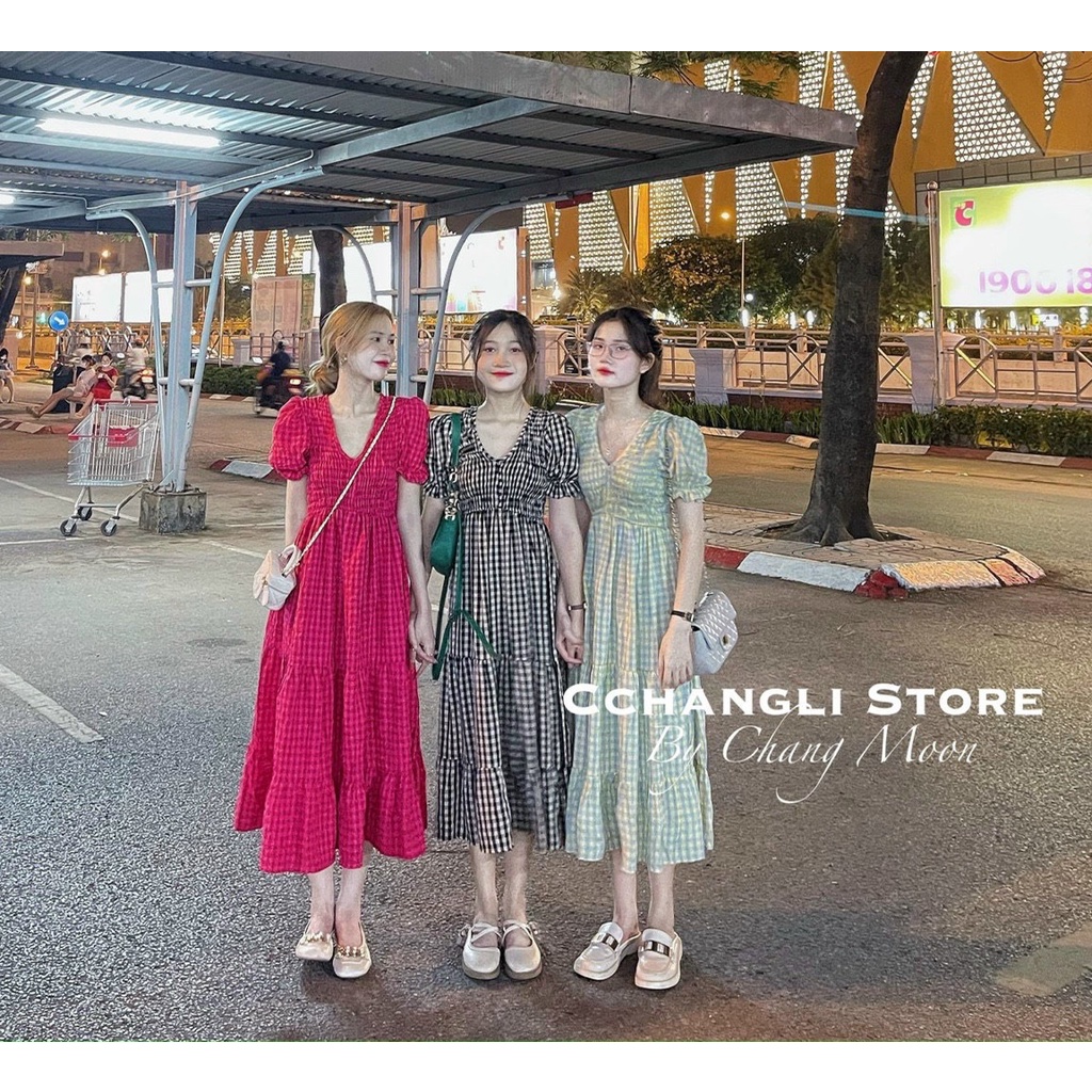Váy suông midi cộc tay kẻ caro chun ngực cổ v - Đầm xòe dáng dài nhiều tầng bo tay bồng, thiết kế tiểu thư bánh bèo