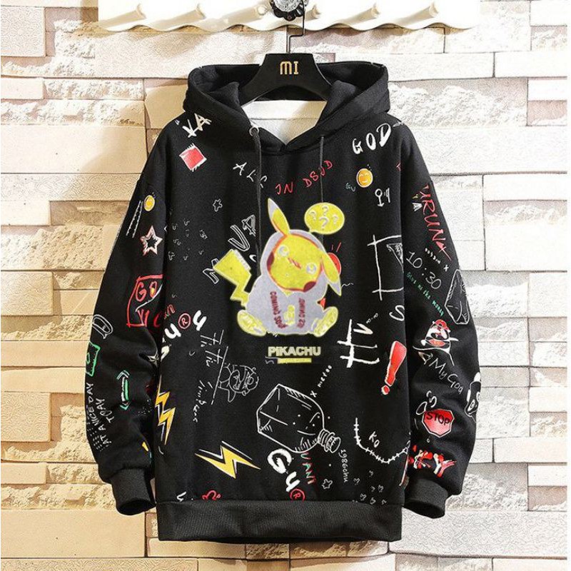 Áo Hoodie Hot Trend Nam Nữ Unisex Dài Tay Có Mũ Trùm Túi Bụng Họa Tiết Pikachu (màu đen) - Hana Store