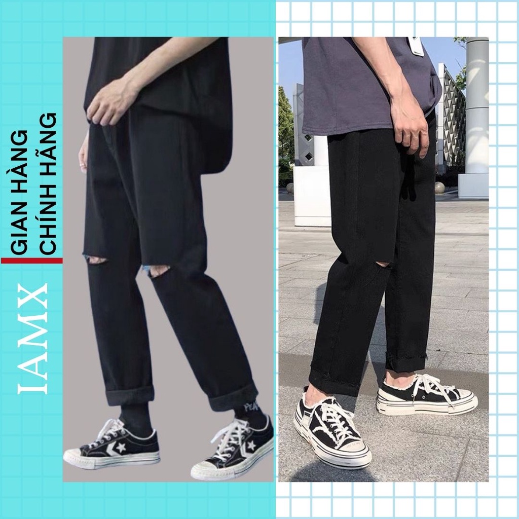 Quần jean nam đen rách gối, quần bò rách Baggy ống suông, rộng dáng đứng style Hàn Quốc