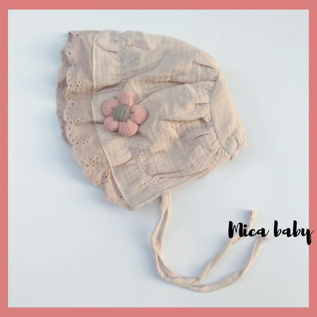 Mũ nón tiểu thư vải đũi đính bông hoa dễ thương cho bé gái MTT159 Mica Baby