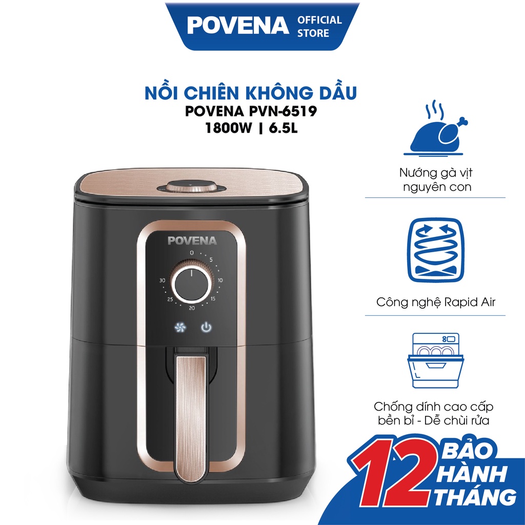 [Mã BMBAU300 giảm 10% đơn 499K] [Mã ELHADEV giảm 4% đơn 300K] Nồi Chiên Không Dầu POVENA dung tích 6.5L PVN-6519