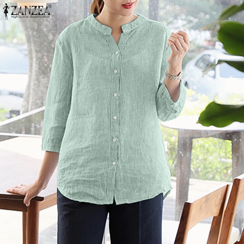 Áo sơ mi ZANZEA tay lửng cổ chữ V họa tiết sọc thời trang cho nữ