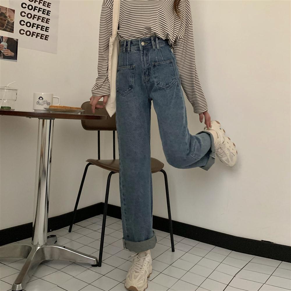 Quần Jeans Nữ Lưng Cao Ống Rộng Phong Cách Hàn Quốc