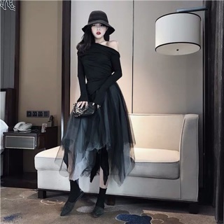 Set áo thun hở lưng và chân váy lưới xoè vạt lệch 7 lớp bồng bềnh siêu chất