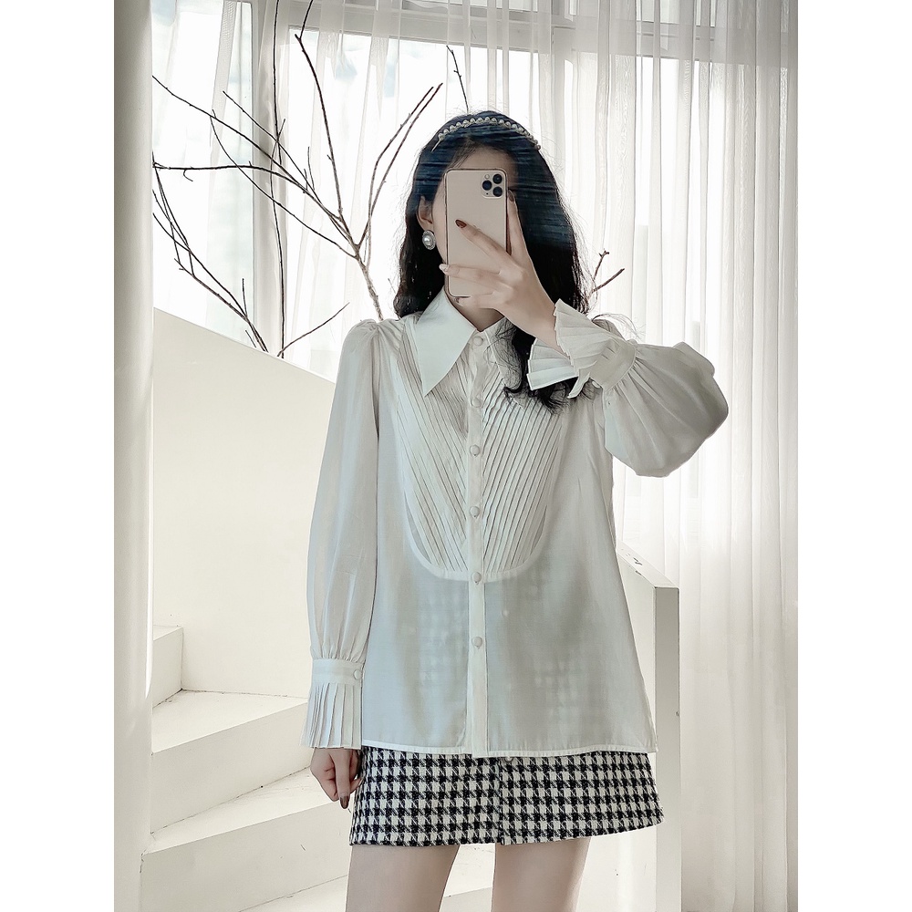 Áo sơ mi lụa thiết kế by LYRA, chất lụa cap cấp xếp ly ngực cổ lá sang chảnh, tiểu thư-LWTSM016