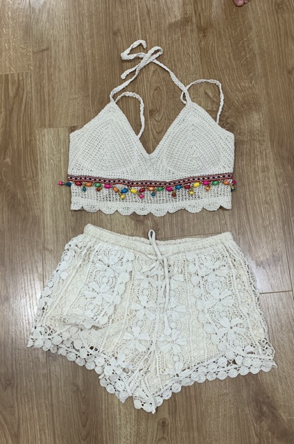 [SẴN] Bikini len móc set 3 món màu trắng ngà | BigBuy360 - bigbuy360.vn