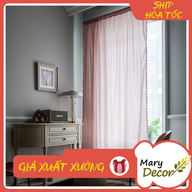Rèm cửa đẹp decor trang trí nhà cửa nhiều mẫu mã - họa tiết Caro hồng R-B06 (vui lòng nhắn để chọn viền rèm)