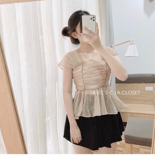 SET ÁO PEPLUM VOAN NUDE NHÚN NGỰC + VÁY ĐEN XOÈ