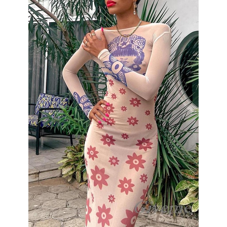 Đầm Dự Tiệc Tay Dài Cổ Thuyền Phối Lưới Xuyên Thấu In Họa Tiết Hoa Thời Trang Quyến Rũ Cho Nữ