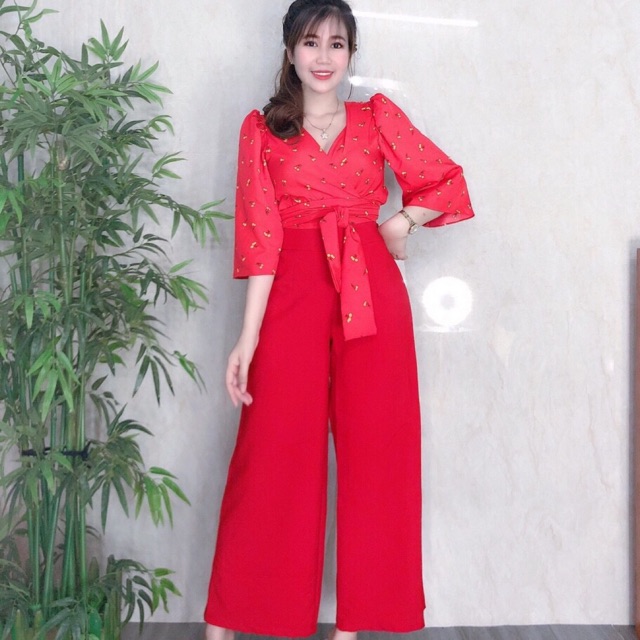 Sét áo hoa cột eo + Quần ống rộng SIÊU XINH- MS4B