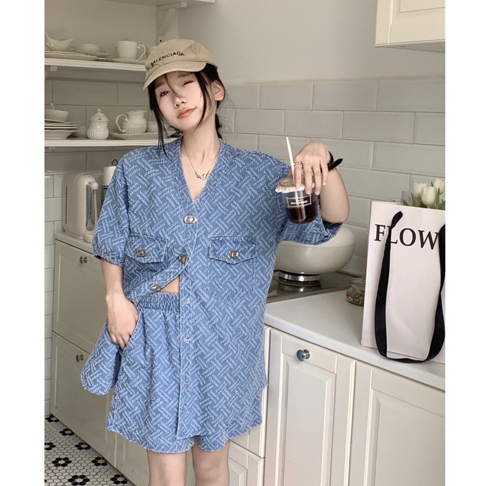 Set Áo Sơ Mi Denim Ngắn Tay + Quần Short Jeans Lưng Cao Ống Rộng Thời Trang Cho Nữ