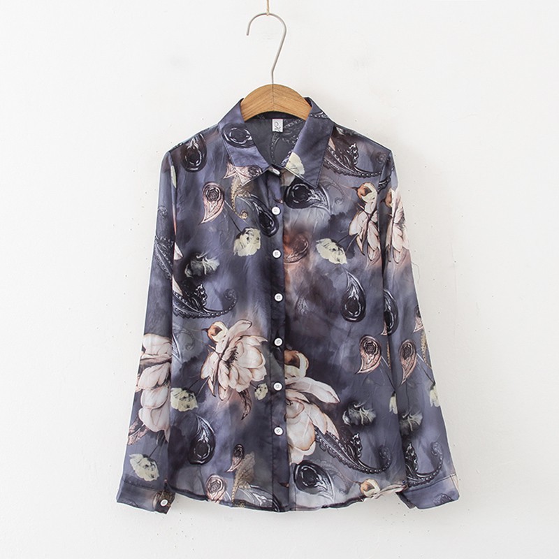 Áo Sơ Mi Nữ Tay Dài Dáng Rộng In Hoa Phong Cách Hàn Quốc