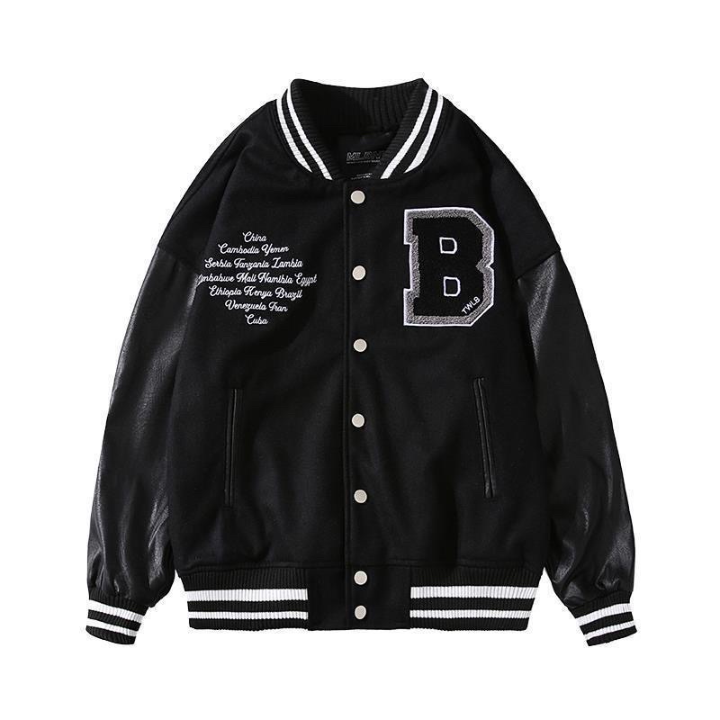 Áo Khoác Varsity Chữ B Chất Dạ Ép Phối Tay Da Hoạ Tiết Thêu Phong Cách Vintage Thời Trang Unisex